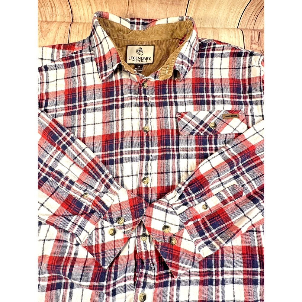Legendary Whitetails Men Flannel Shirt Red White Blue Long Sleeve Logo XL